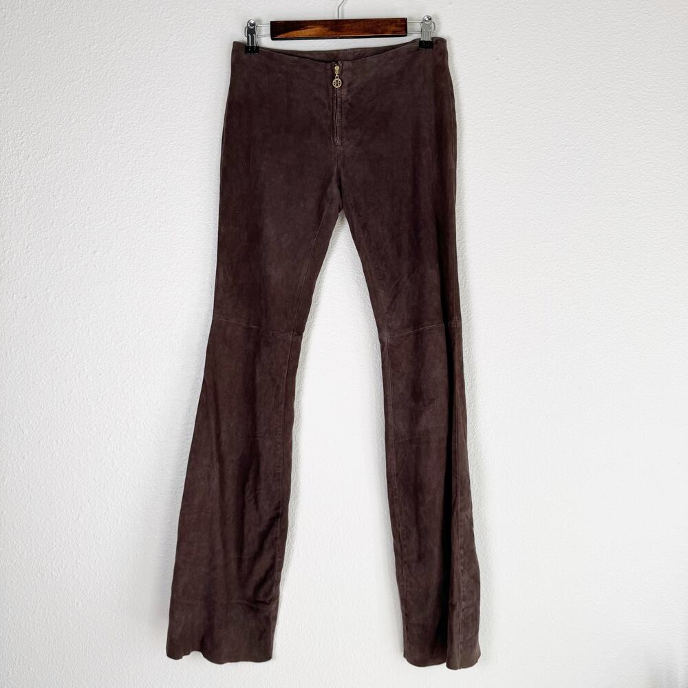 tory burch | brown 100% genuine leather zip flare leg women's luxury pants sz 2